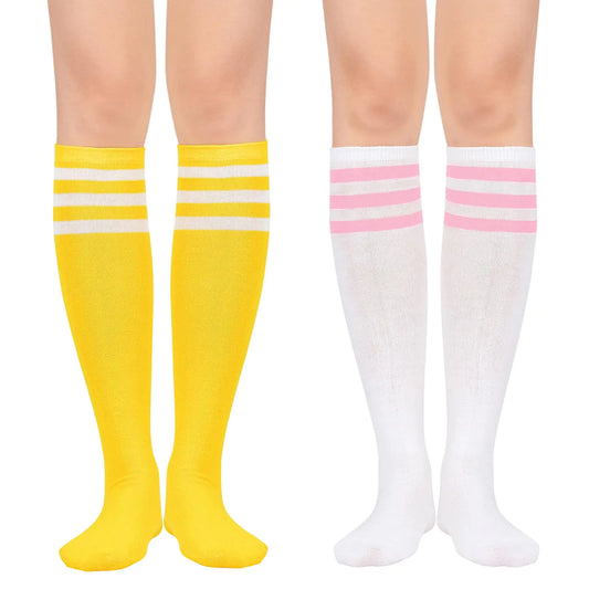 Century Star Womens Knee High Socks Athletic Socks Tube Outdoor Sport Socks with Triple Stripes 2 Pack Yellow White&White Pink