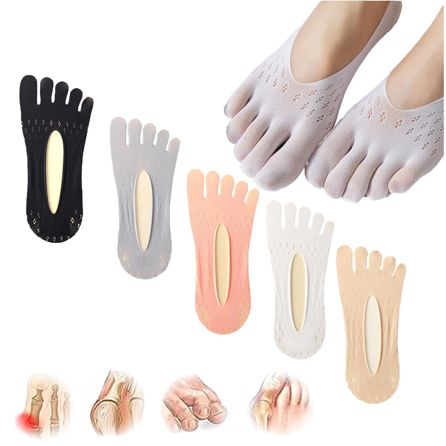 Aster 5 Pairs Orthopedic Toe Compression Socks Toe Socks for Women No Show Align Toe Socks for Bunion Low Cut Liner Five Finger Socks with Gel Tab Athletic Breathable Toe Separator Socks for Women