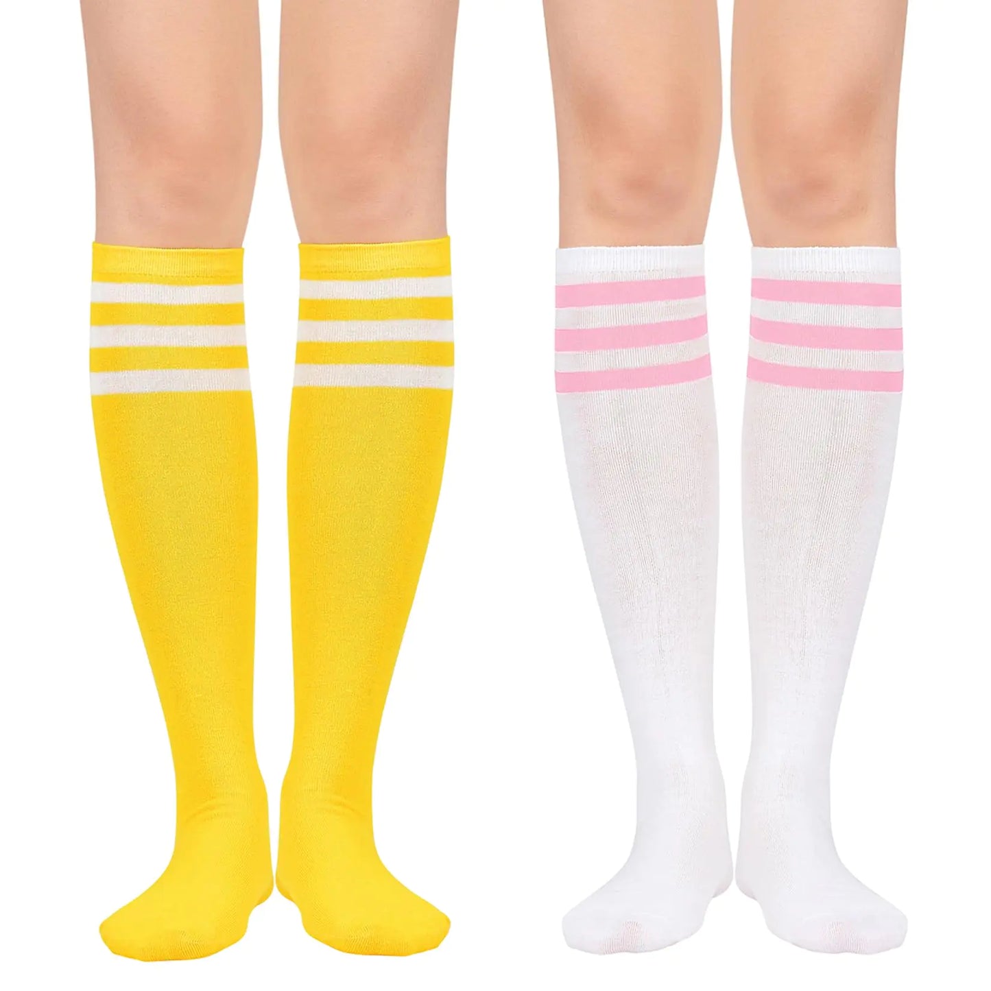 Century Star Womens Knee High Socks Athletic Socks Tube Outdoor Sport Socks with Triple Stripes 2 Pack Yellow White&White Pink
