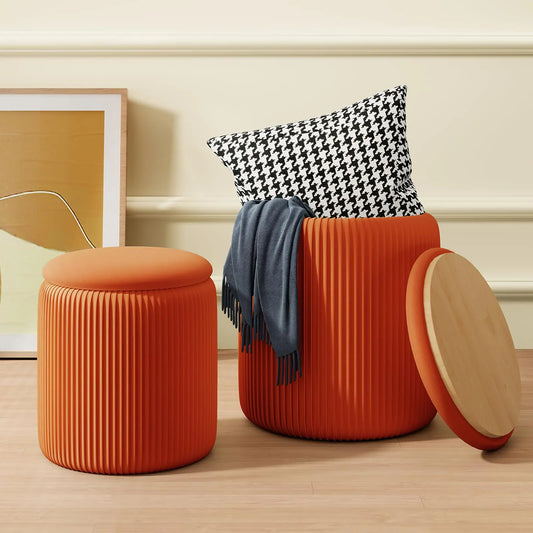 Recximi Orange Round Storage Ottoman Set of 2 Large Velvet Ottoman with Storage Multifunctional Vanity Stool Small Pouf Ottomans Foot Stool Storage Stools for Living Room Bedroom