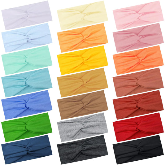 FEQO 21 Pieces Stretchy Headbands for Women Twist Headband Wide Turban Headband Elastic Fabric Headband Colorful Workout Sport Yoga Headbands Hair WrapElegant Colors