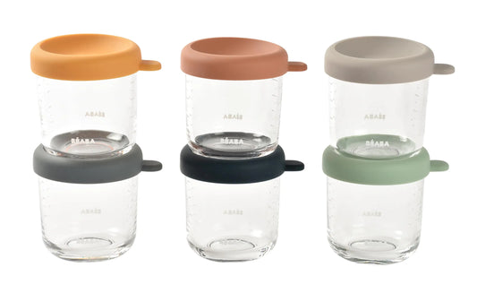 Beaba 6 Pack Glass Baby Food Jars Freezer Sterilizer and Dishwasher Safe 8 oz Baby Food Storage Jars with Silicone Air Tight Lid Sunrise