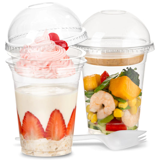 [25 Pack] 12 oz Clear Plastic Dessert Cups with Dome Lids Inserts and Sporks Disposable Parfait Cups with Lids Fruits Cups No Hole Party Containers for Yogurt Ice Cream Snacks Pudding