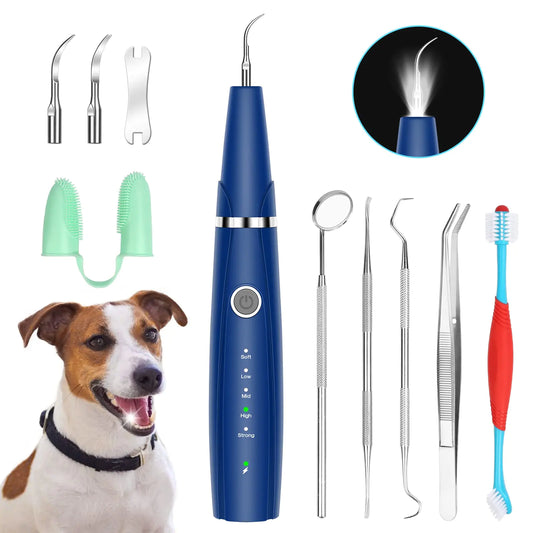 Ultrasonic Dog Teeth Cleaning Kit for Pet Teeth Cleaning Dog Plaque Remover for Teeth 5 Modes Dog Tartar Remover for Teeth Care to Remove Stains Calculus 10 in 1 Pet Cleaner Toothbrush (Blue)